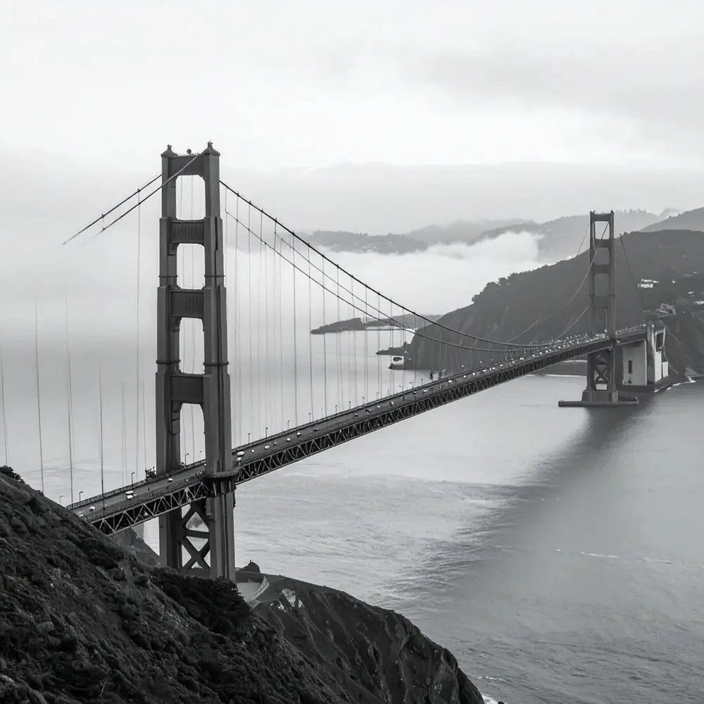The golden gate bridge as black and white image