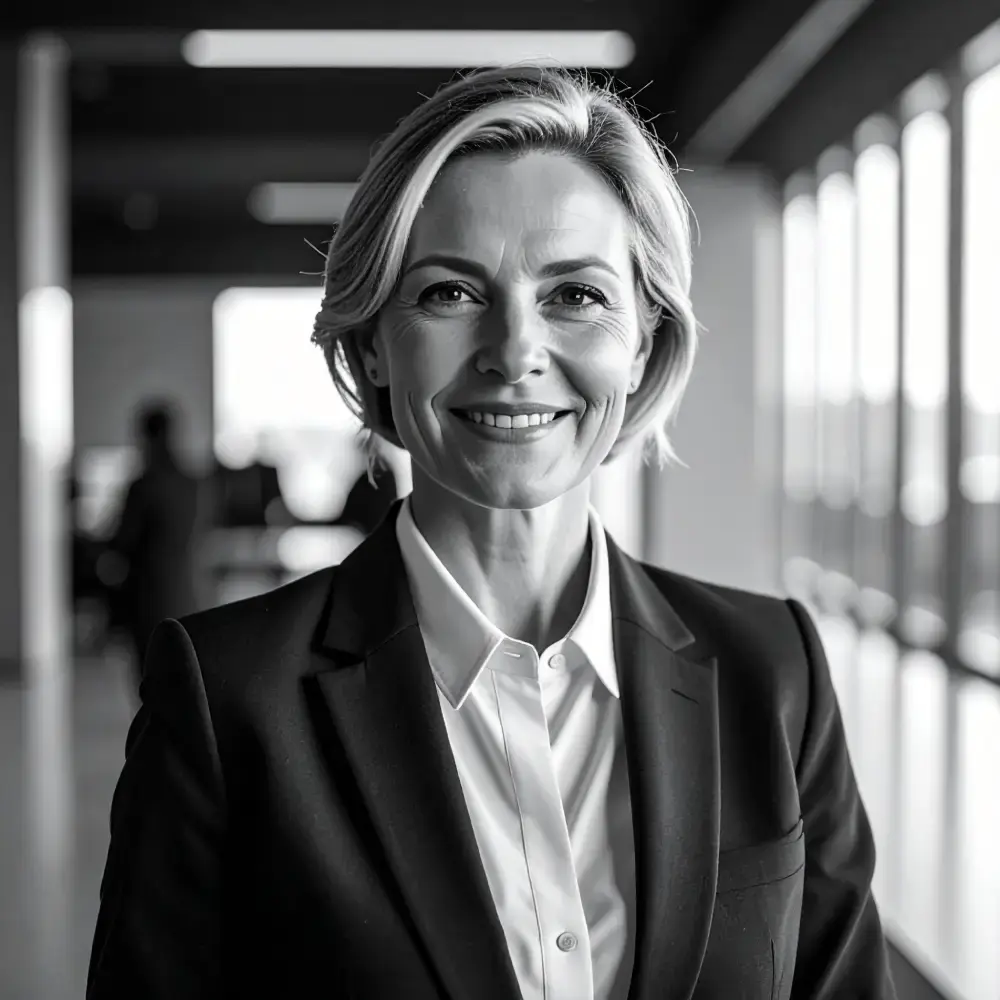 CEO looking in the camera and smiling. EMotions- positiveness, success, happiness